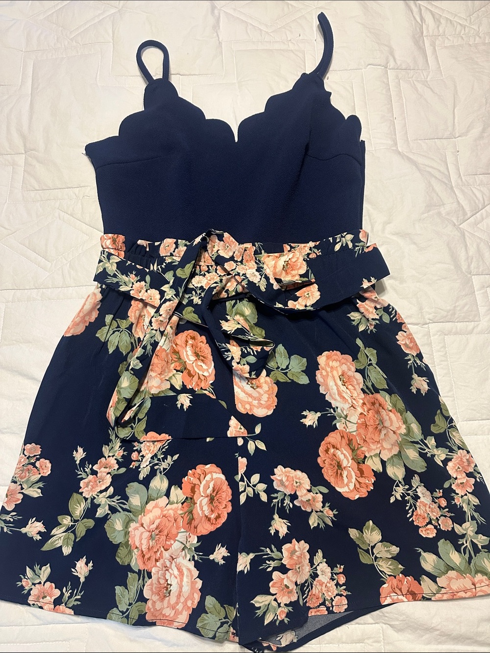 Floral Navy Scallop Romper Dress for Girls